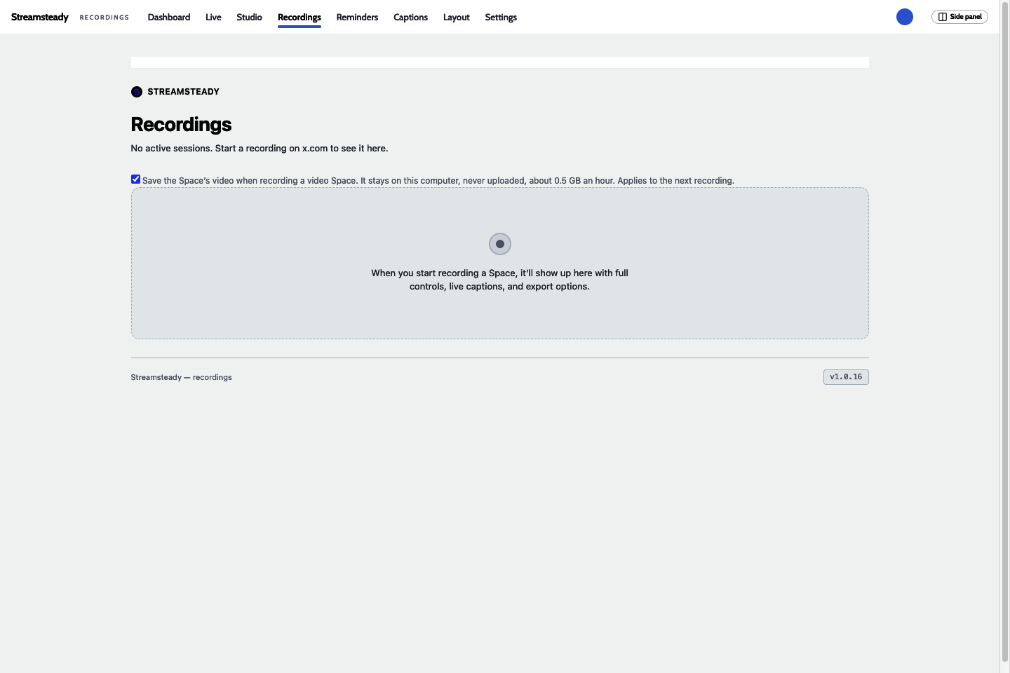 Recordings opened inside the dashboard, under the same header.