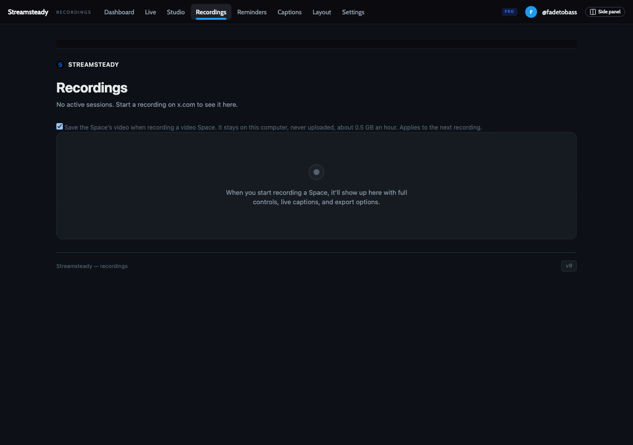 Recordings inside the dashboard tab.